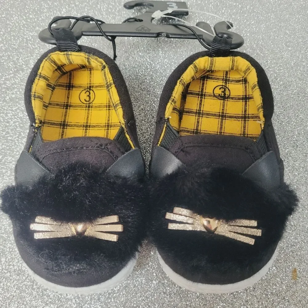 Wonder Nation Black Kitty Cat Furry Slip On Shoes Baby Girl Size 3 New